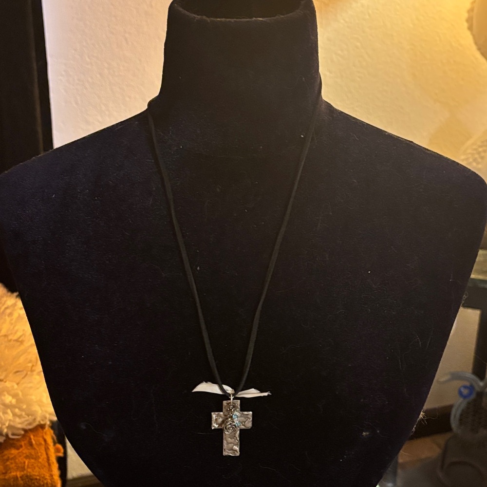 Textured Silvertone Cross Pendant with Ribbon